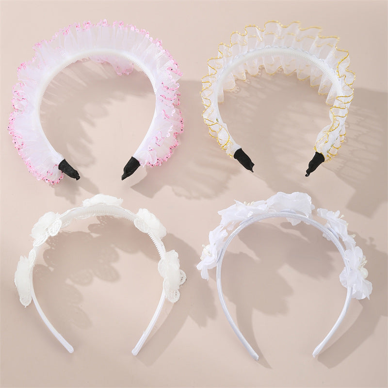 Cerchietto Floreale per Bambini con Rifinitura in Pizzo e Dettagli in Perle in Stile Naturale, Accessorio per Capelli Ricoperto in Resina Colore Macaron