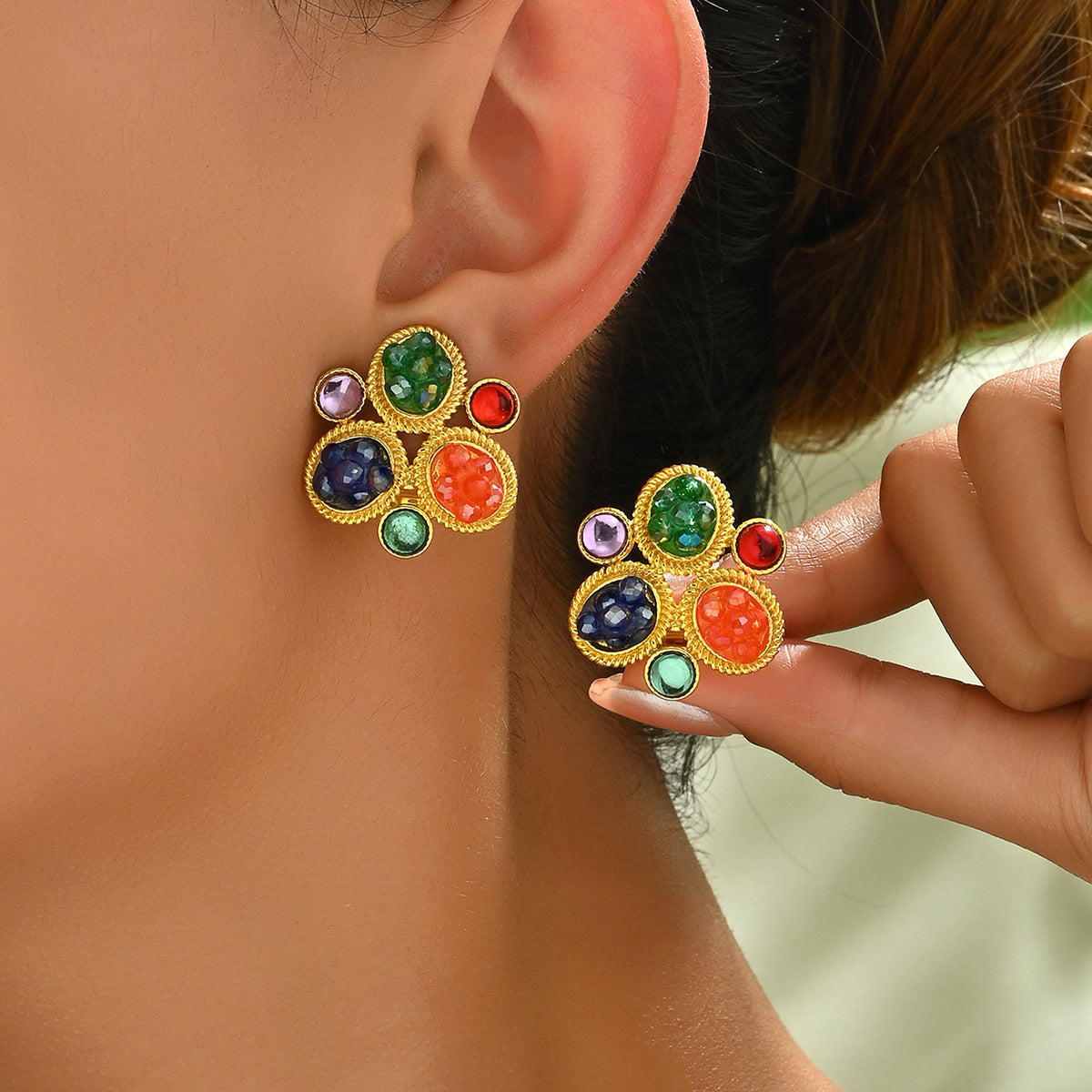 Pendientes de tuerca minimalistas geométricos redondos de cobre con cristales y postes de acero inoxidable para mujer