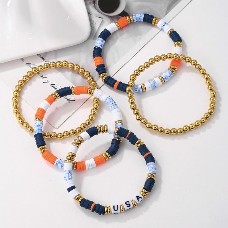 Set di braccialetti con perline acriliche tonde con lettere, unisex, stile USA