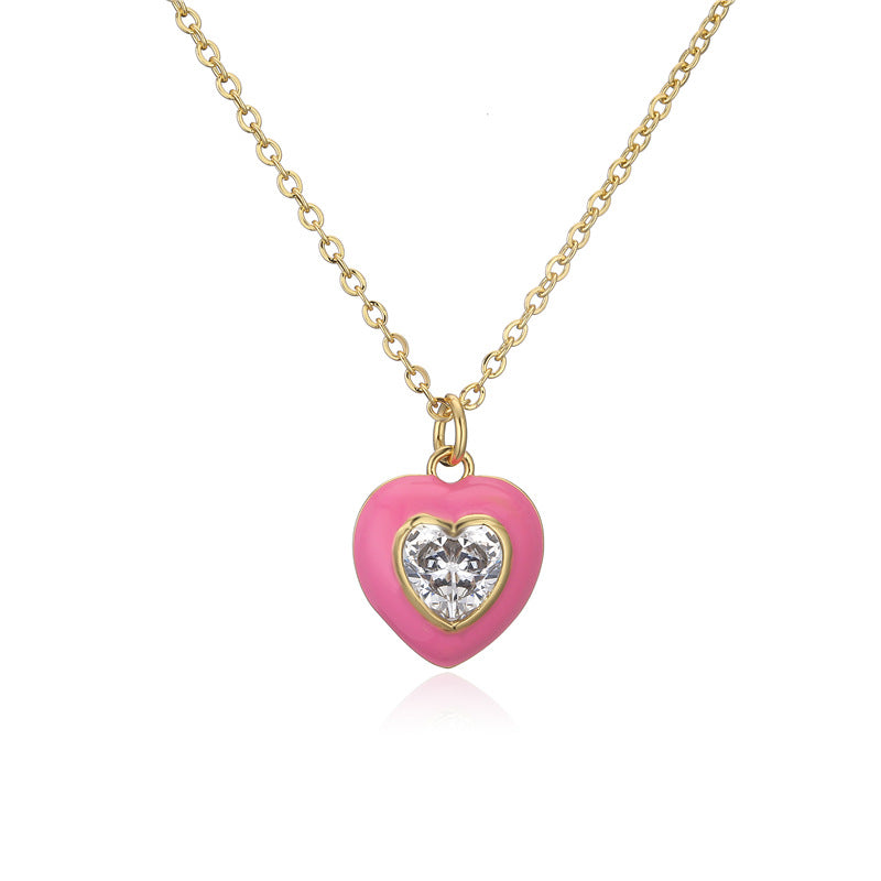 Elegant Heart Drip Oil Inlay Cubic Zirconia Brass Necklace for Women with Cable Chain