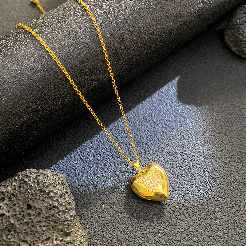 Vintage Micro-Paved Cubic Zirconia Crown Heart Star Geometric Brass Pendant Titanium Steel Box Chain Necklace for Unisex