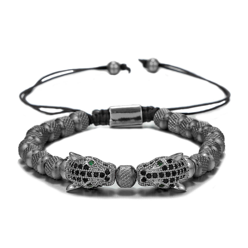Vintage Leopard Head Hand-beaded Titanium Steel Bracelet with Cubic Zirconia Adjustable Pineapple Beads for Unisex