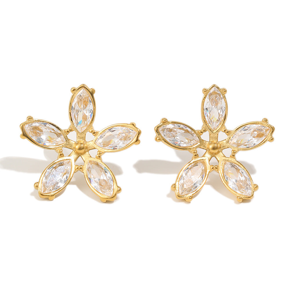 Elegantes pendientes de acero inoxidable chapados en oro de 18 quilates con circonita cúbica floral para mujer