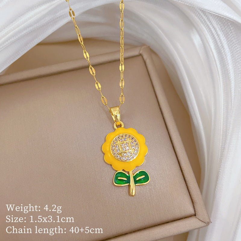 Sweet Drip Oil Plant Moon Rhinestone Titanium Steel Necklace Set for Unisex