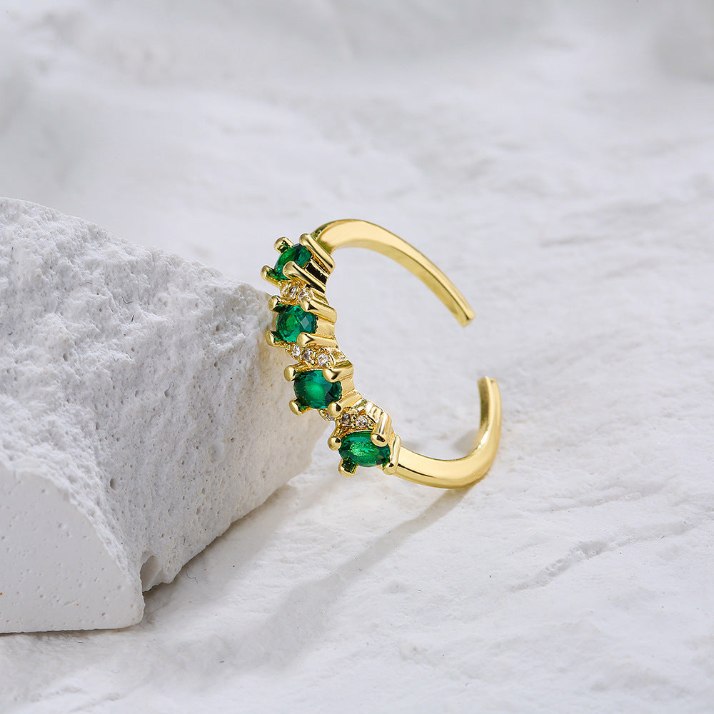 Minimalist Geometric Copper Ring with 18K Gold Plating and Micro-Paved Green Zirconia for Women