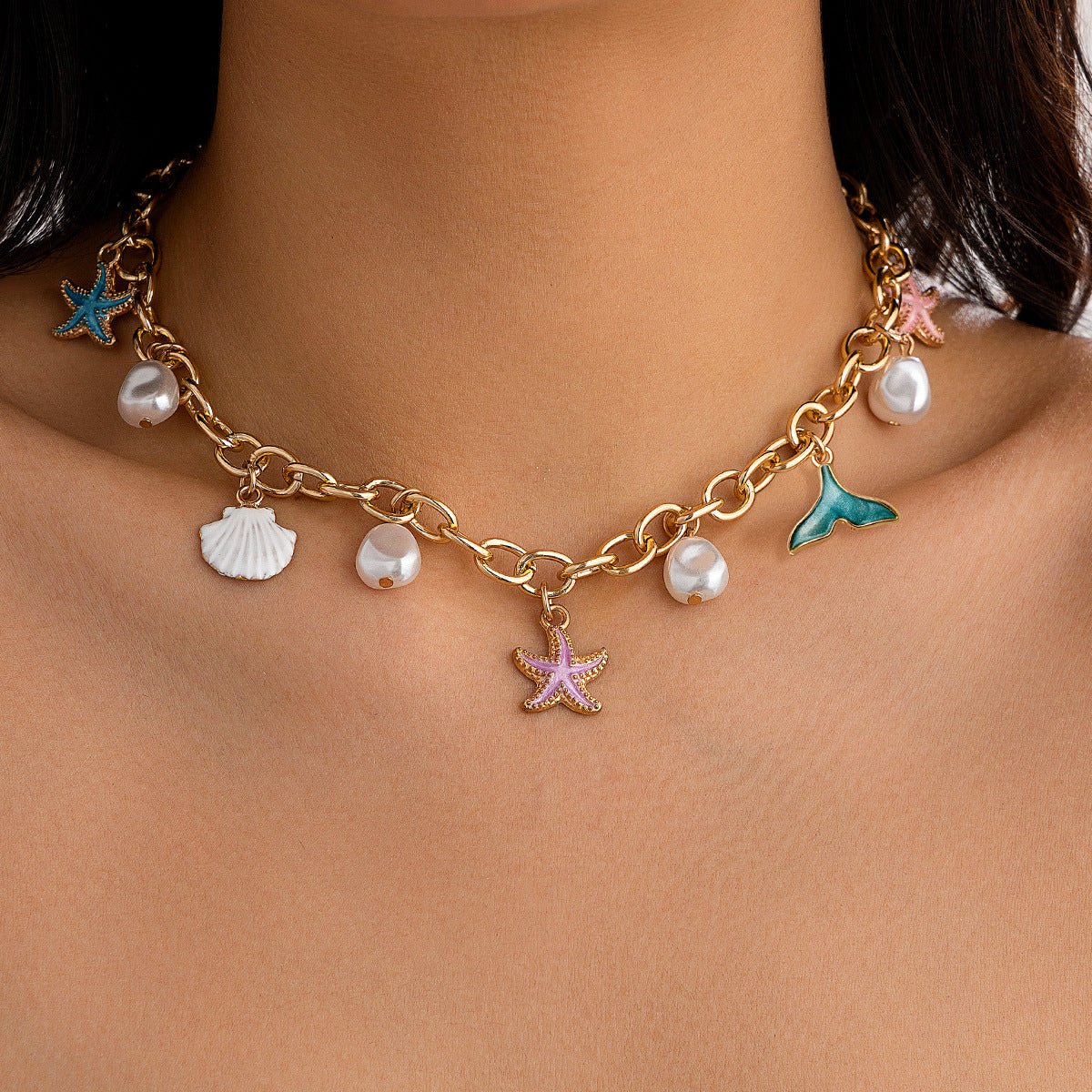 Sweet Plated Aluminum Alloy Starfish and Pearl Pendant Necklace for Women