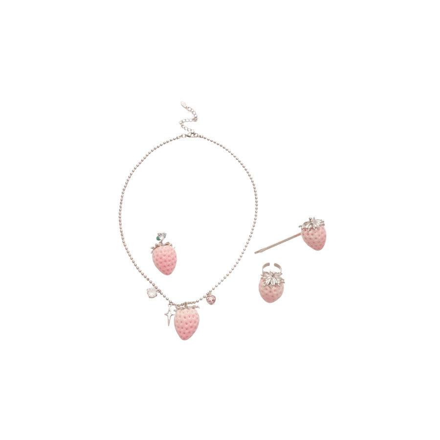 Juego de collar y pendientes de acero inoxidable con forma de fresa, bañados en oro rosa con detalles de diamantes de imitación para mujer