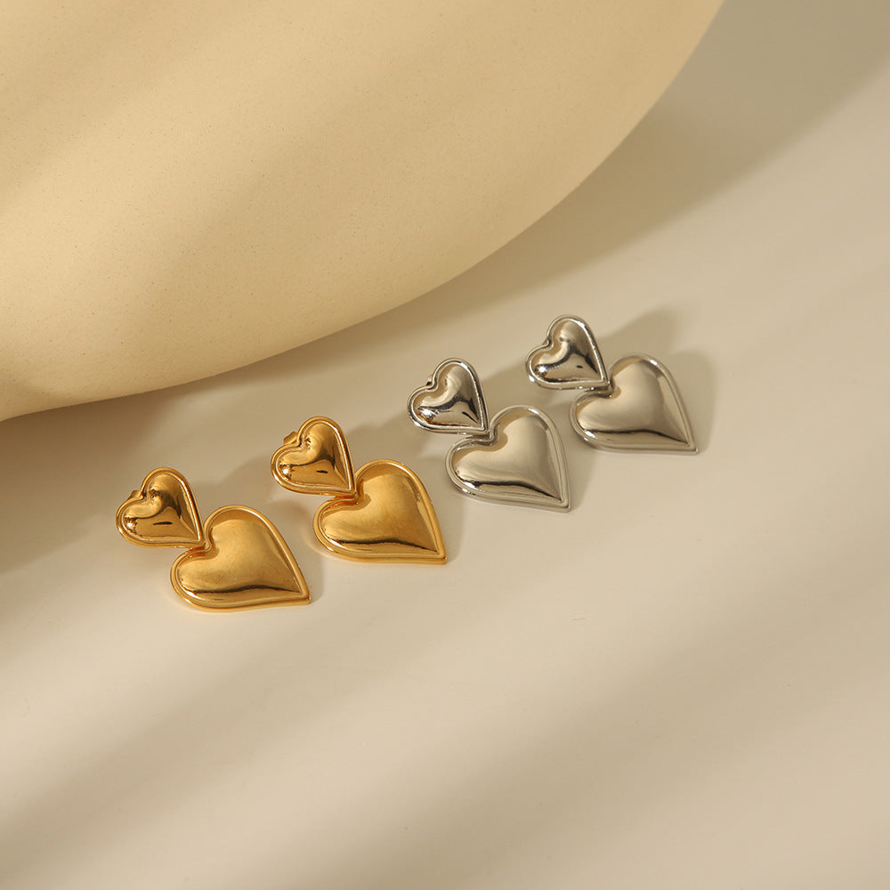 Pendientes de doble corazón de acero inoxidable chapado en oro de 18 quilates de estilo INS a la moda para mujer