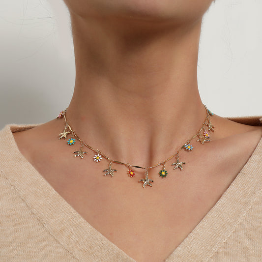 Hawaiian Style Floral Necklace with Starfish and Daisy Pendant in Alloy with Plated Finish on Straight Tube Chain