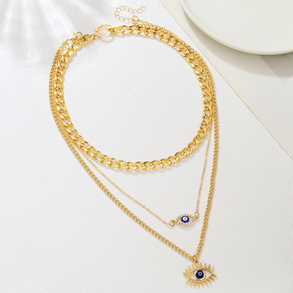 Geometric Blue Evil Eye Rhinestone Inlay Alloy Pendant Necklace with OT Clasp for Unisex