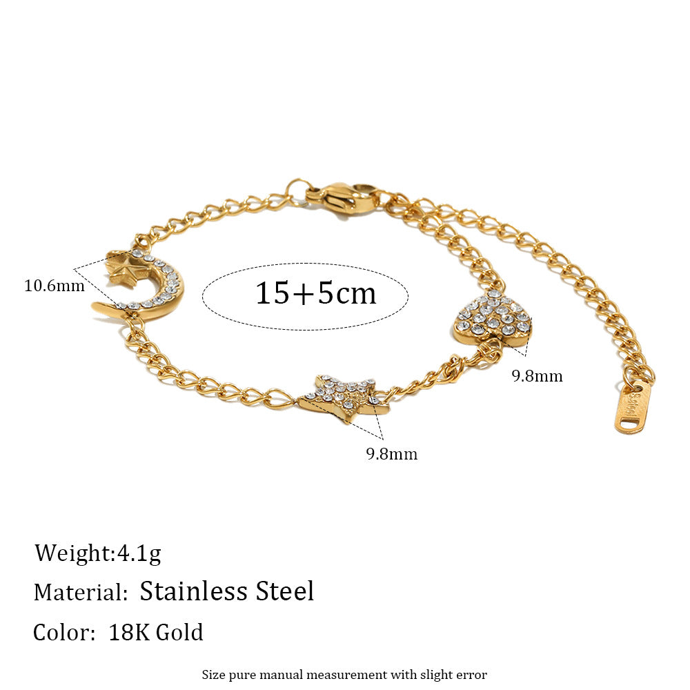 Bracciale da donna in acciaio inossidabile placcato oro 18 carati con cuore, stella e luna, dal design geometrico e minimalista