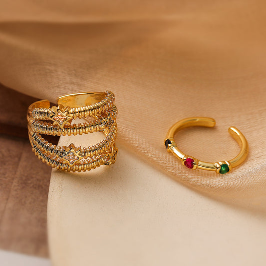 Minimalist Vintage Geometric Gold Plated Brass Ring with Cubic Zirconia for Women