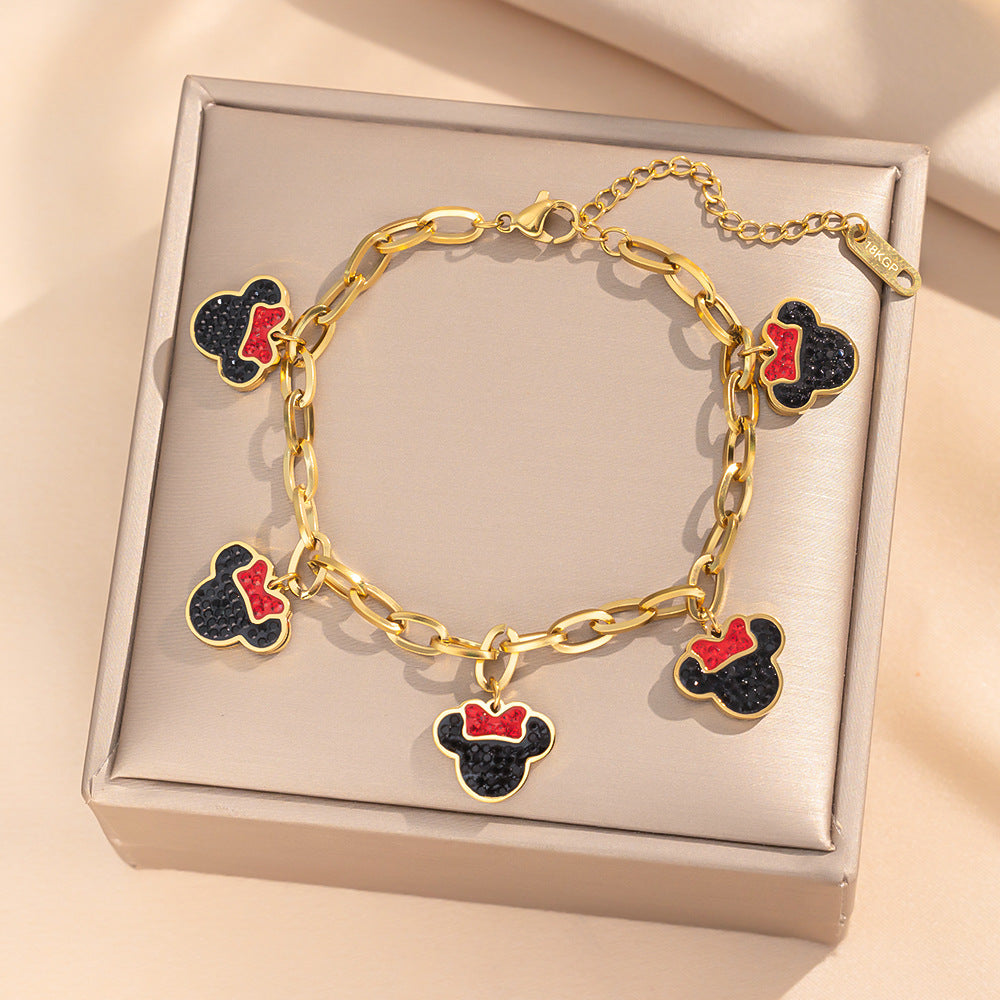 Cartoon Mickey Mouse Titanium Steel PVD Charm Bar for Women