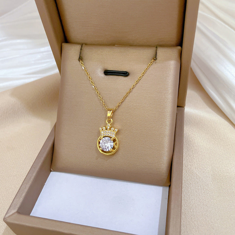 Luxury Titanium Steel Geometric Hollow Crown Pendant Necklace and Rhinestone Stud Earrings Set for Women