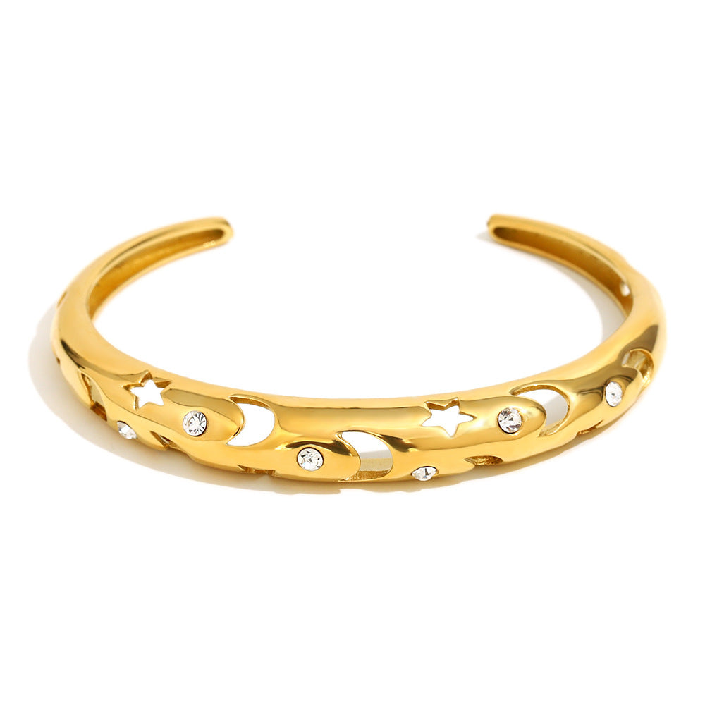 Bracciale Da Donna Placcato Oro 18K In Acciaio Inossidabile Con Strass E Design A Stella E Luna Traforati, Ispirato Al Vintage