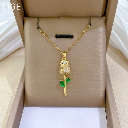Minimalist Leaf and Rose Floral Pendant Necklace for Women in Titanium Steel with Rhinestone Inlay and Delicate Clavicle Chain