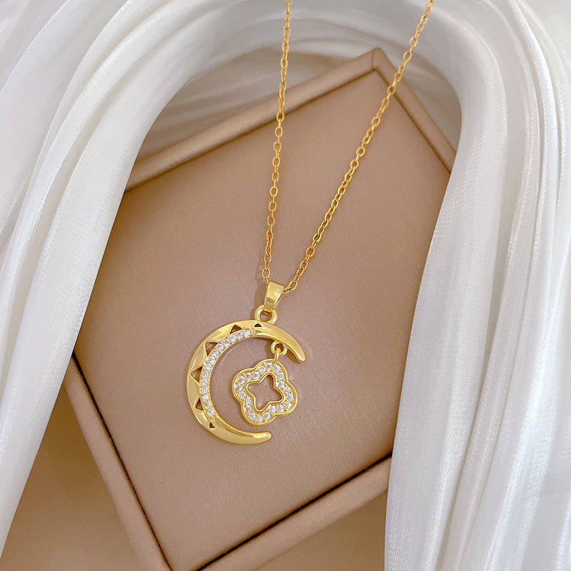Minimalist Moon Pendant Necklace for Women Stainless Steel Delicate Clavicle Chain with Geometric Design and Natural Theme