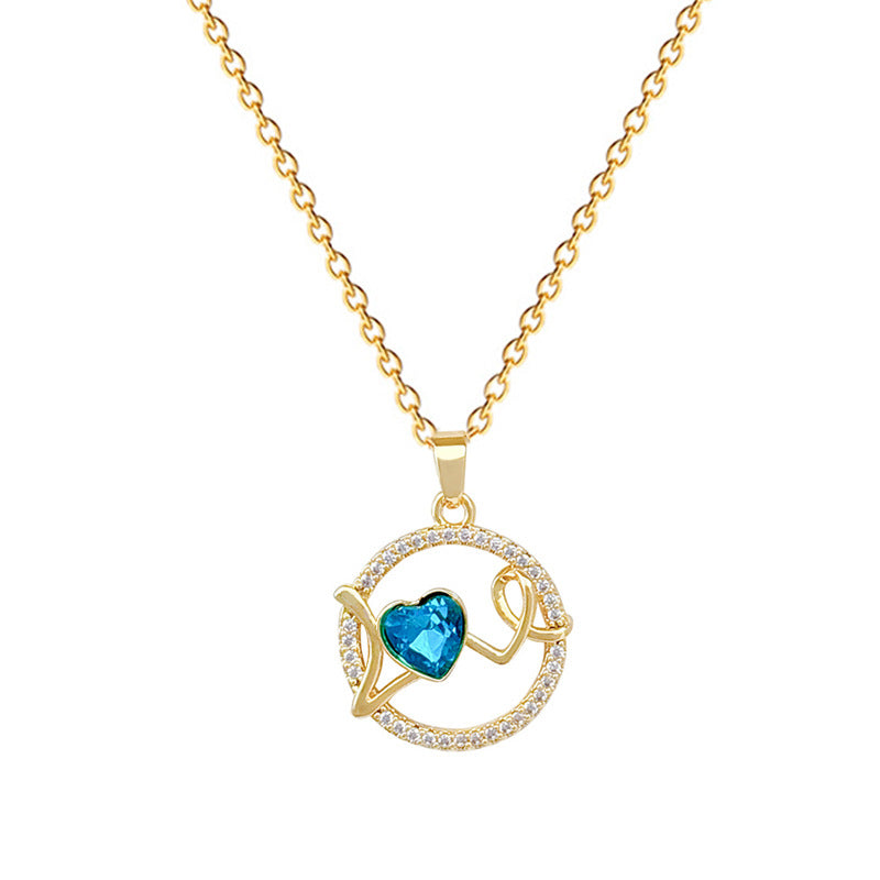 Minimalist Round Heart Love Pendant Necklace for Women Stainless Steel Snake Chain with Rhinestone Accents