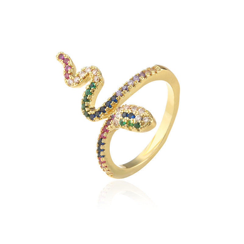 Anello aperto unisex in rame con zirconi cubici micro-incastonati a forma di serpente geometrico stile INS