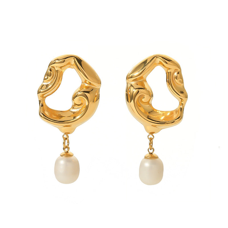 Vintage Luxe Stainless Steel 18K Gold Plated Asymmetrical Hollow Lava Geometric Pendant Earrings with Freshwater Pearl