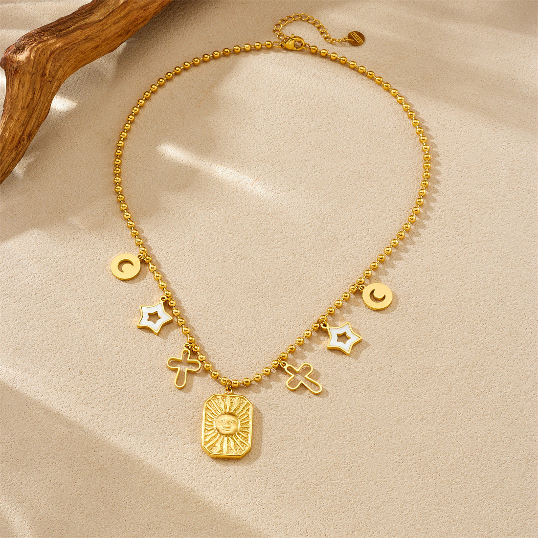 Vintage Luxury Gold Plated Geometric Star Moon Cross Stainless Steel Pendant Ball Chain Necklace for Women