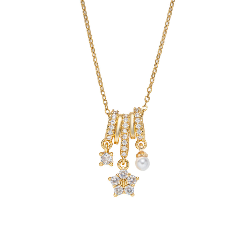 Minimalist Five-Petal Flower Pendant Necklace in Titanium Steel with Zircon and Pearl Accents on O-Chain for Women