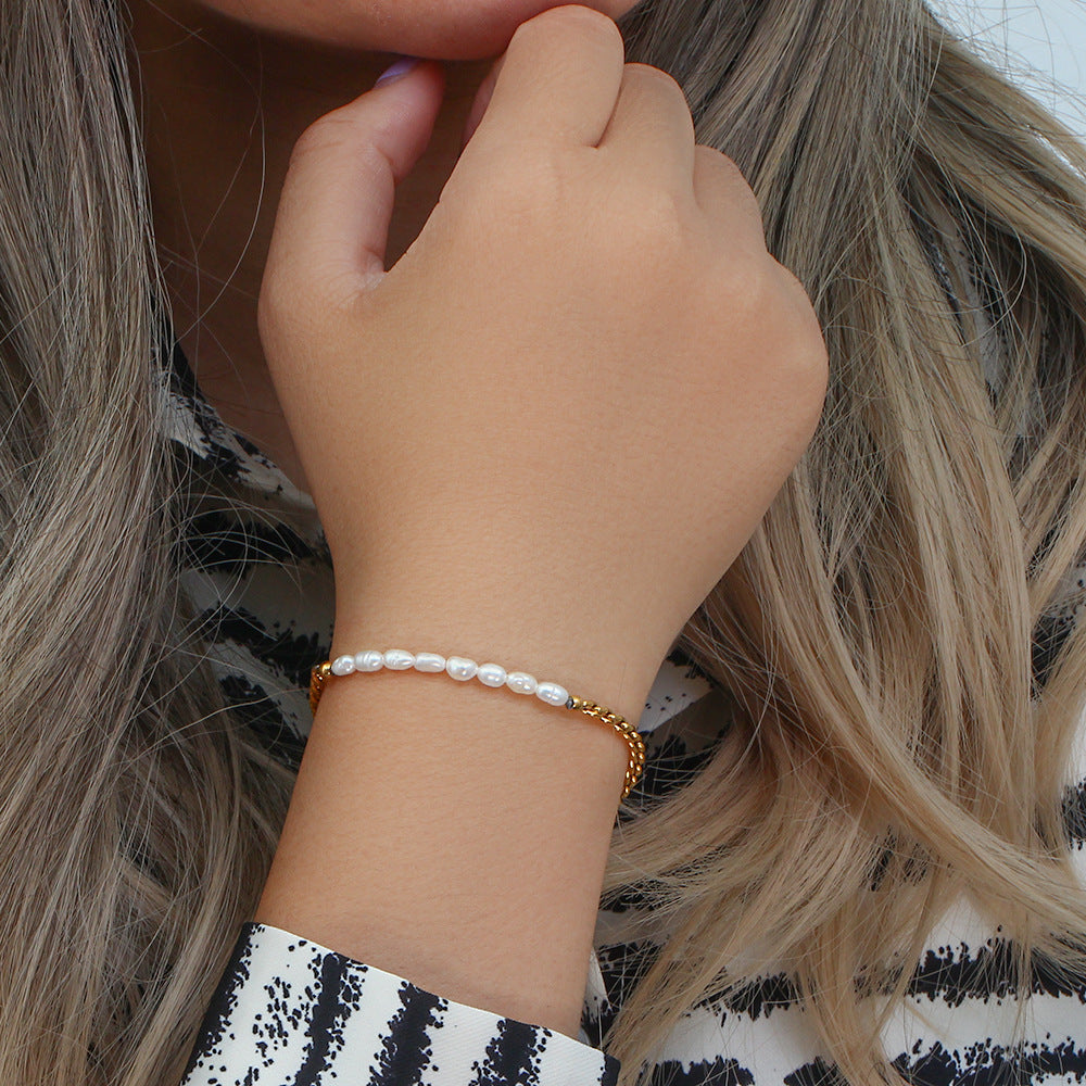 Pulsera Minimalista de Moda Geométrica de Acero Inoxidable con Chapado Trenzado y Perlas de Agua Dulce para Mujer
