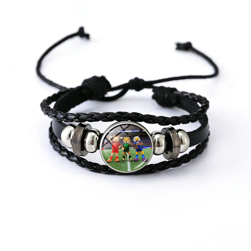 Vintage Geometric Round Black Leather Snap Button Bracelet Unisex Multi-layer Woven Fan Souvenir