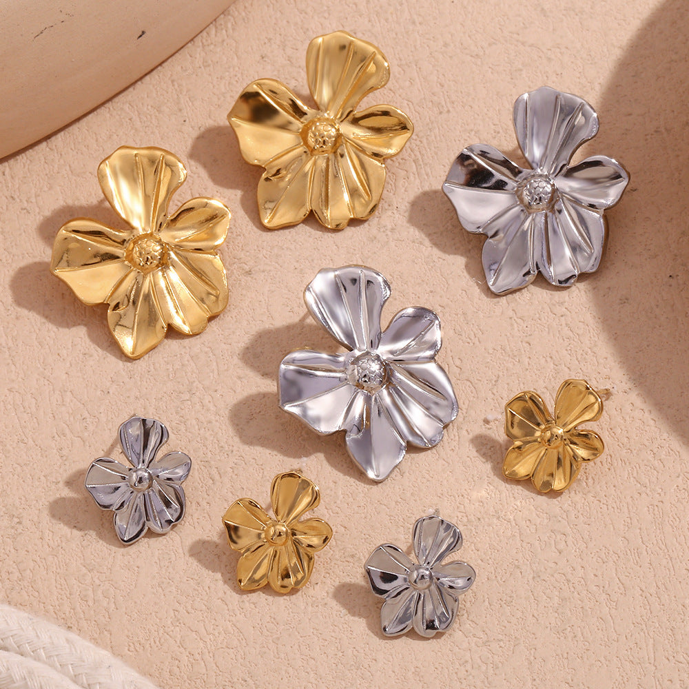 Vintage Floral Stainless Steel Earrings with 18K Gold Plating for Women