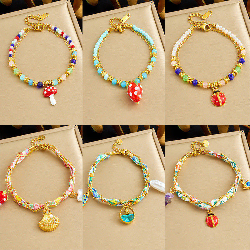 Sweet Cartoon Drip Oil Plated Stainless Steel Ladybug Strawberry Mushroom Resin Pendant Bracelet