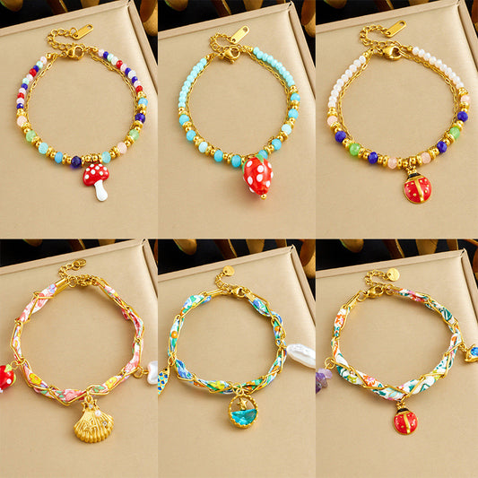 Sweet Cartoon Drip Oil Plated Stainless Steel Ladybug Strawberry Mushroom Resin Pendant Bracelet