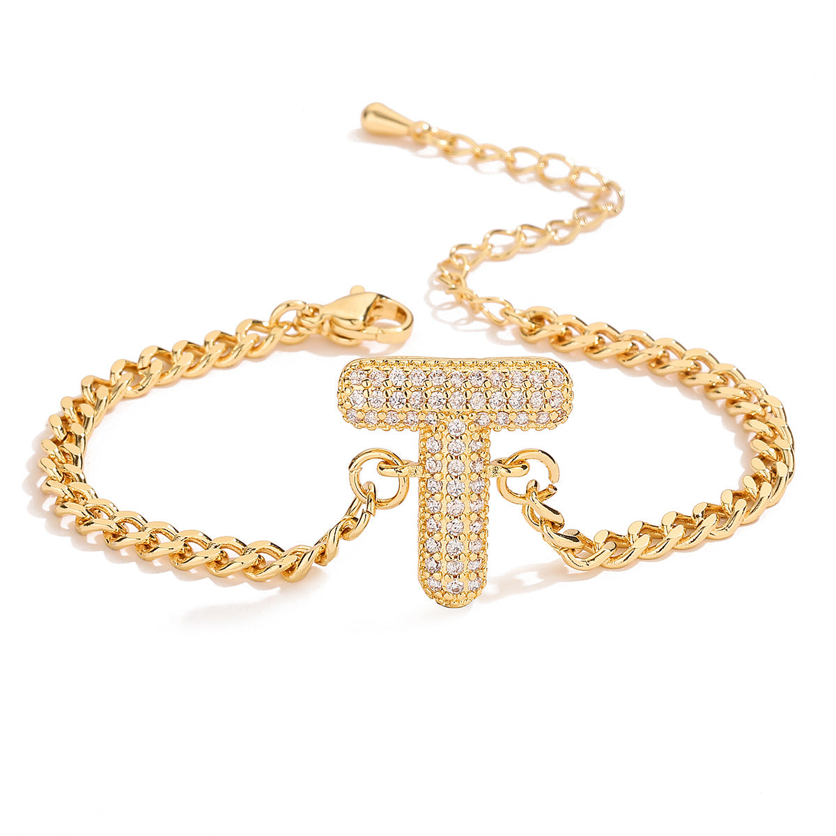 Minimalist Hip-hop 18K Gold Plated Letter Cubic Zirconia Bracelet for Women