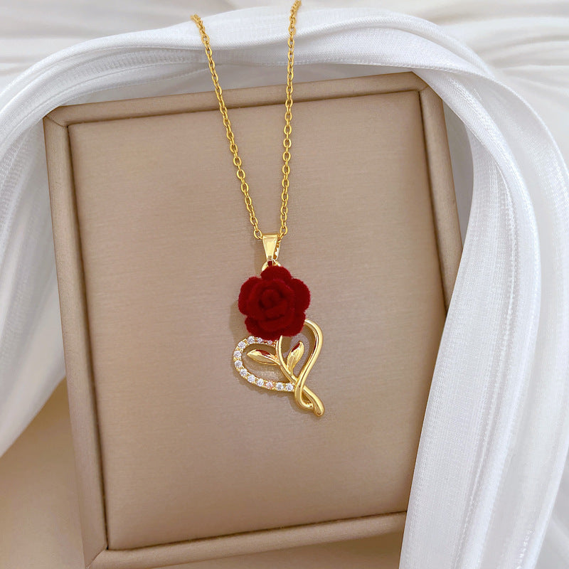 Sweet Elegant Heart Rose Rhinestone Titanium Steel Necklace for Women and Men