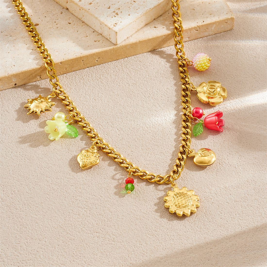 Gold Plated Stainless Steel Sunflower and Lily of the Valley Floral Pendant Necklace and Bracelet Set for Women