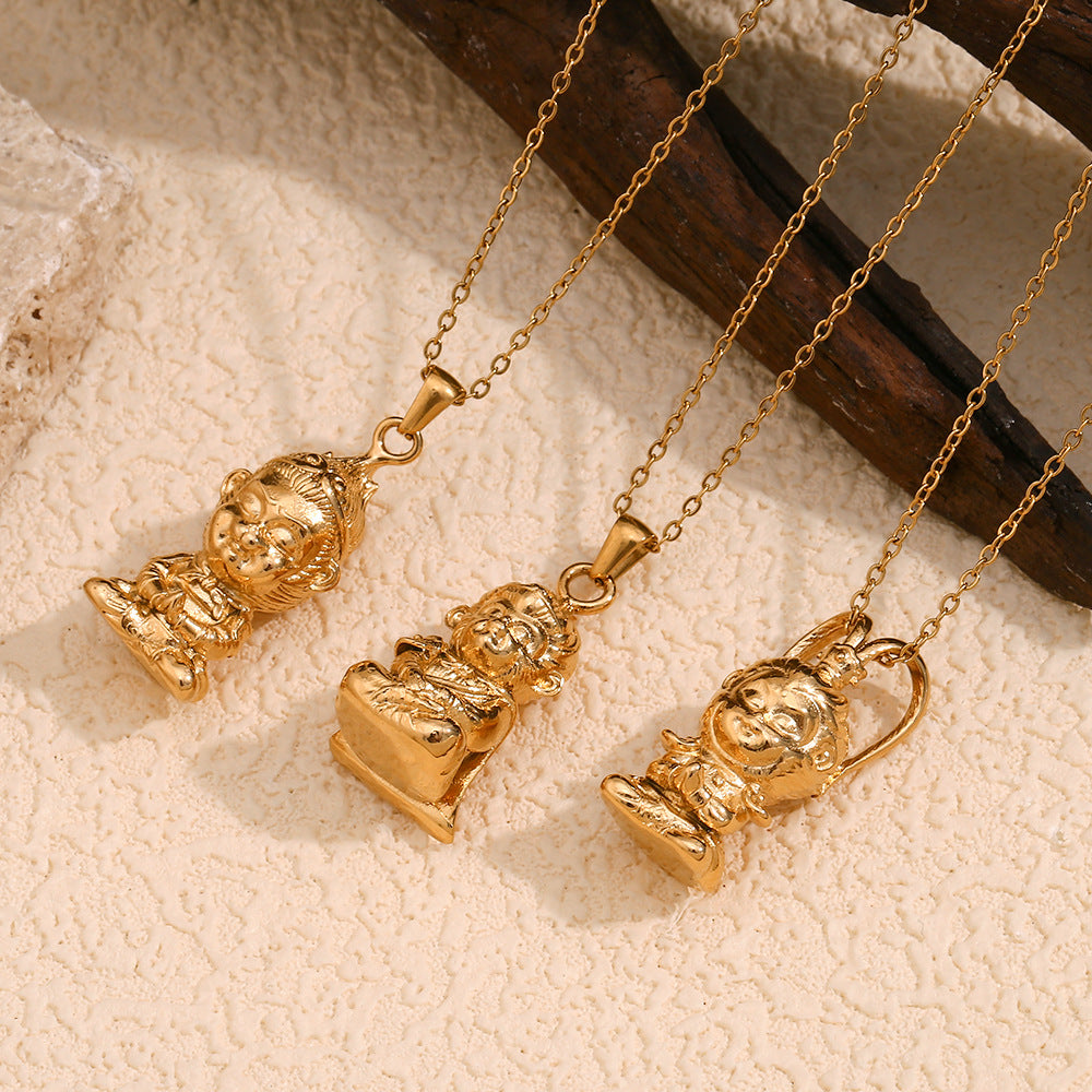 Collana con ciondolo in acciaio inossidabile con personaggio cartone animato minimalista placcato oro 18 carati e design 3D Re Scimmia