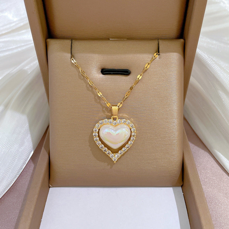 Luxury Titanium Steel Micro-Paved Zircon Heart Necklace with Geometric Design for Women, Adjustable Chain up to 50cm
