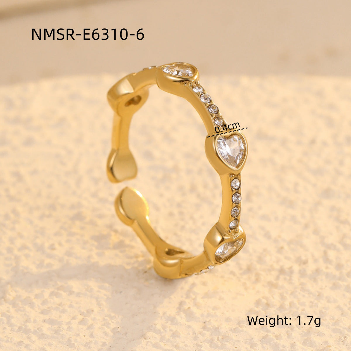 Anillo abierto de acero inoxidable con forma de corazón, zirconias de colores incrustadas, estilo lujo ligero, para mujer