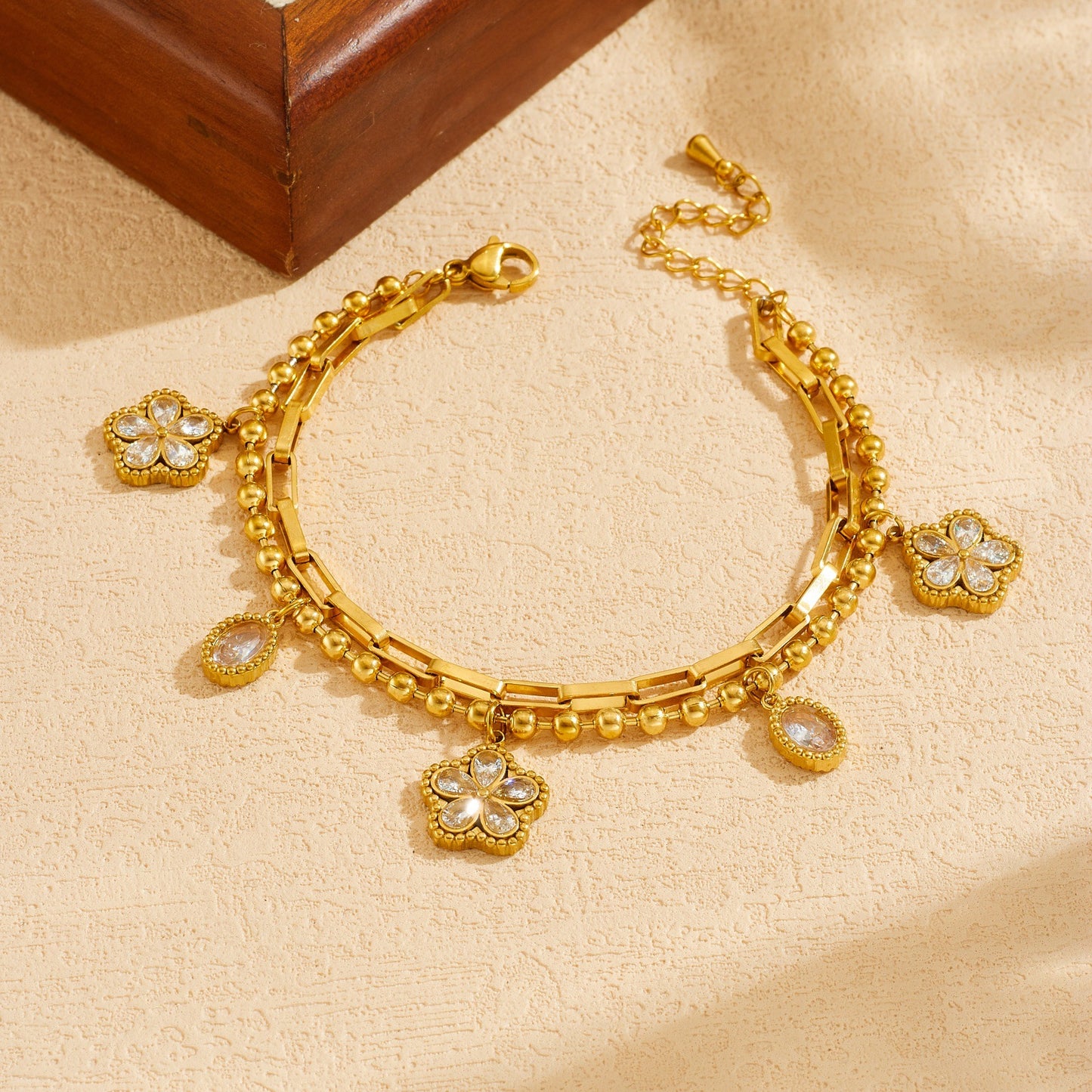Minimalist Elegant Gold Plated Stainless Steel Floral Teardrop Rhinestone Double Layer Bracelet for Women