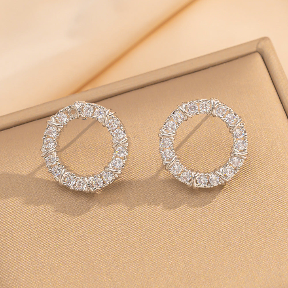 Luxury Minimalist Round Geometric Necklace Ring Set in Titanium Steel with Gold Plating and Rhinestone Inlay for Women