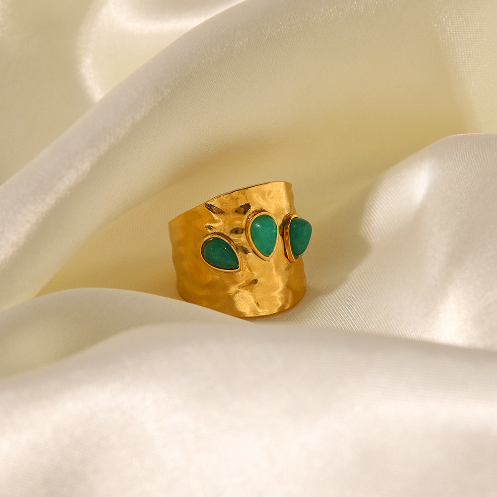 Minimalist French-Inspired Titanium Steel Ring with Three Irregular Green Natural Stones for Women