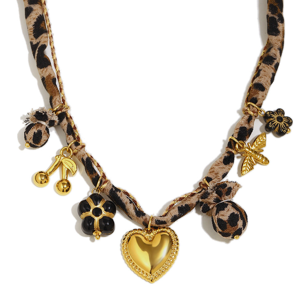 Collar con Colgante de Luna y Estampado de Leopardo Geométrico Minimalista para Mujer de Acero Inoxidable con Baño de Oro de 18K