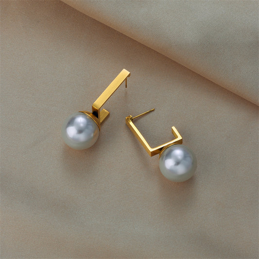Minimalist Geometric Pearl Stud Earrings in Titanium Steel with Plated Finish for Women