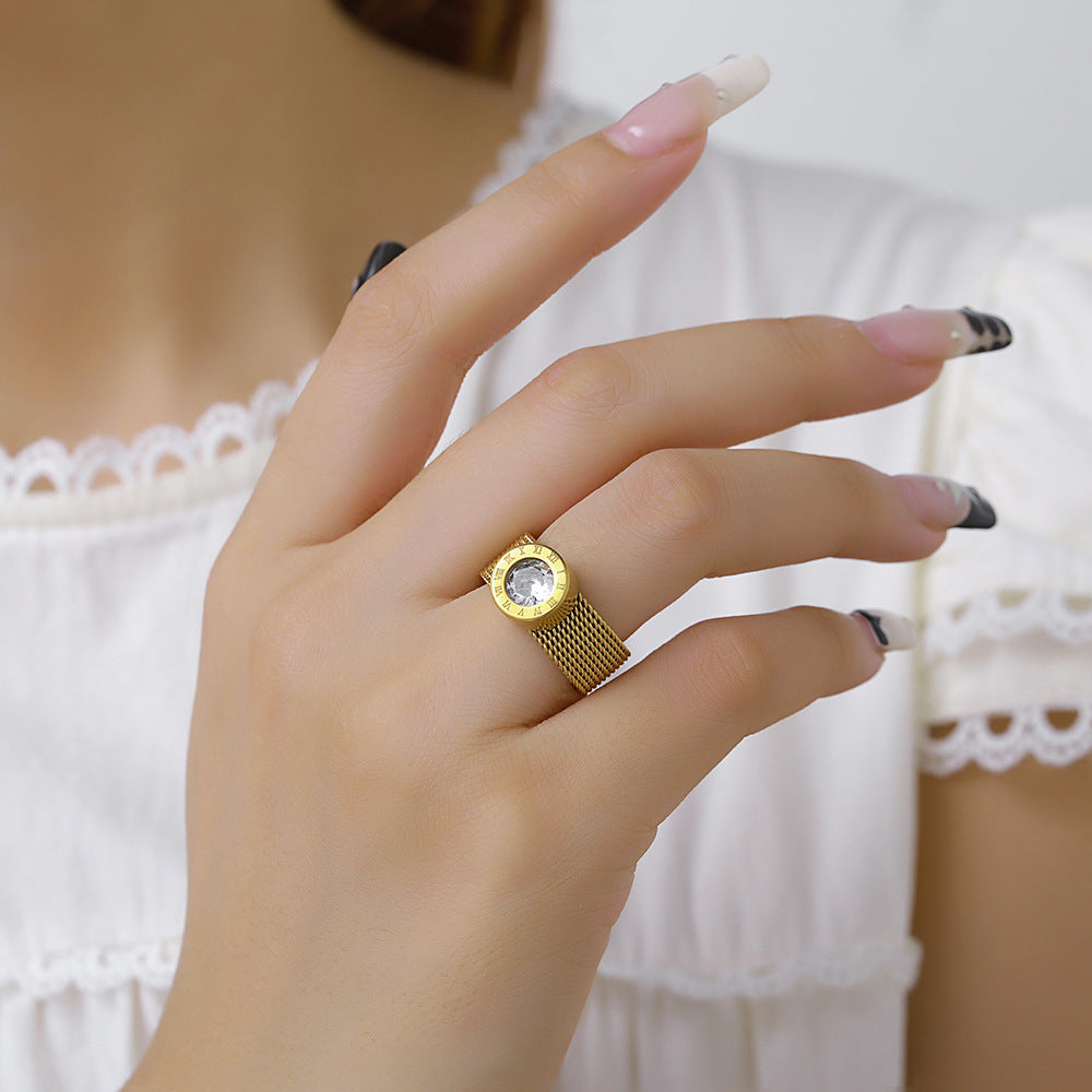 Vintage Geometric Round Rhinestone Inlay Plated Stainless Steel Ring