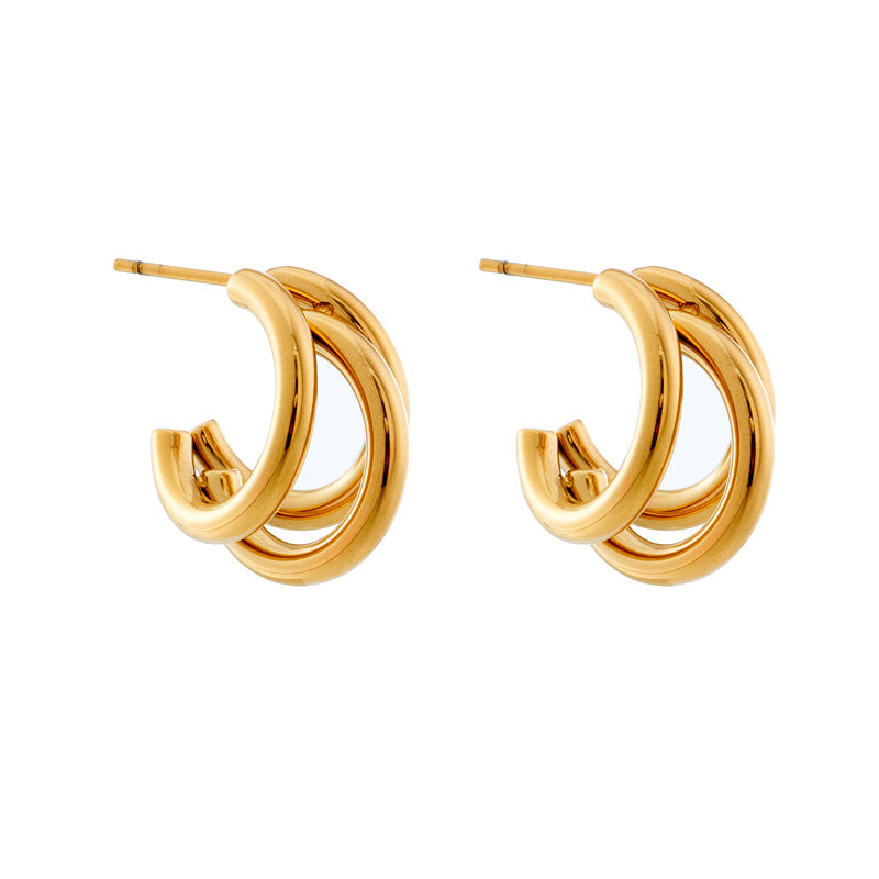Minimalist Geometric Titanium Steel C-Shaped Multi-Layer Earrings with Plated Finish