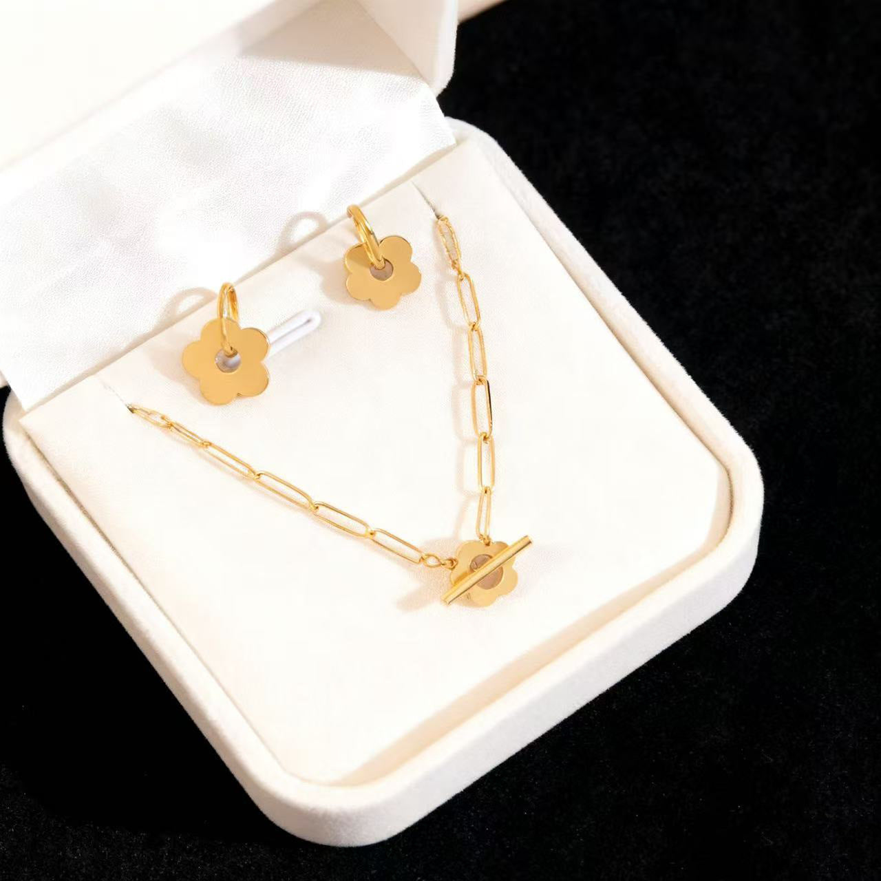 Minimalist Stainless Steel Plated Flower Pendant Necklace and Earring Set with Cable Chain for Women