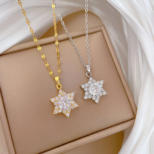 Cartoon Style Snowflake Shaped Titanium Steel Necklace with Micro-Pave Zirconia for Women Delicate Clavicle Chain