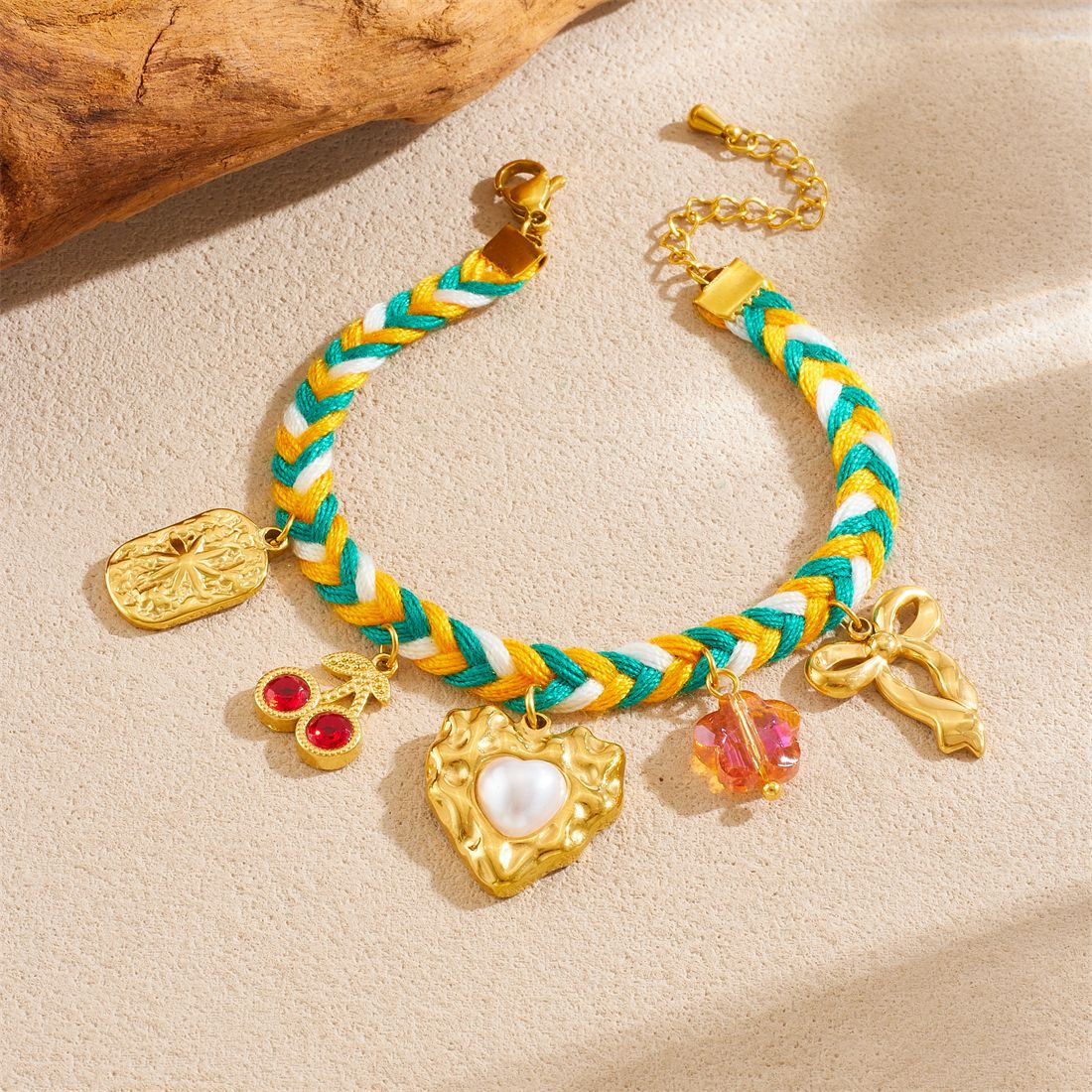 Minimalist Elegant Gold Plated Stainless Steel and Ceramic Heart and Floral Charm Bracelet with Rhinestone