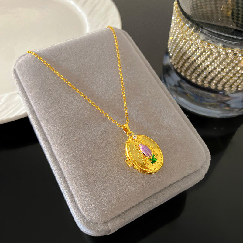 Vintage Enamel Drip Oil Oval Heart Brass Pendant Titanium Steel Necklace Cable Chain