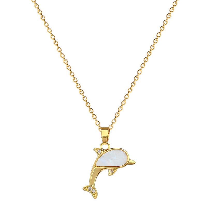 Collana con Ciondolo a Conchiglia e Delfino Minimalista da Donna con Catena in Acciaio al Titanio e Intarsio di Strass