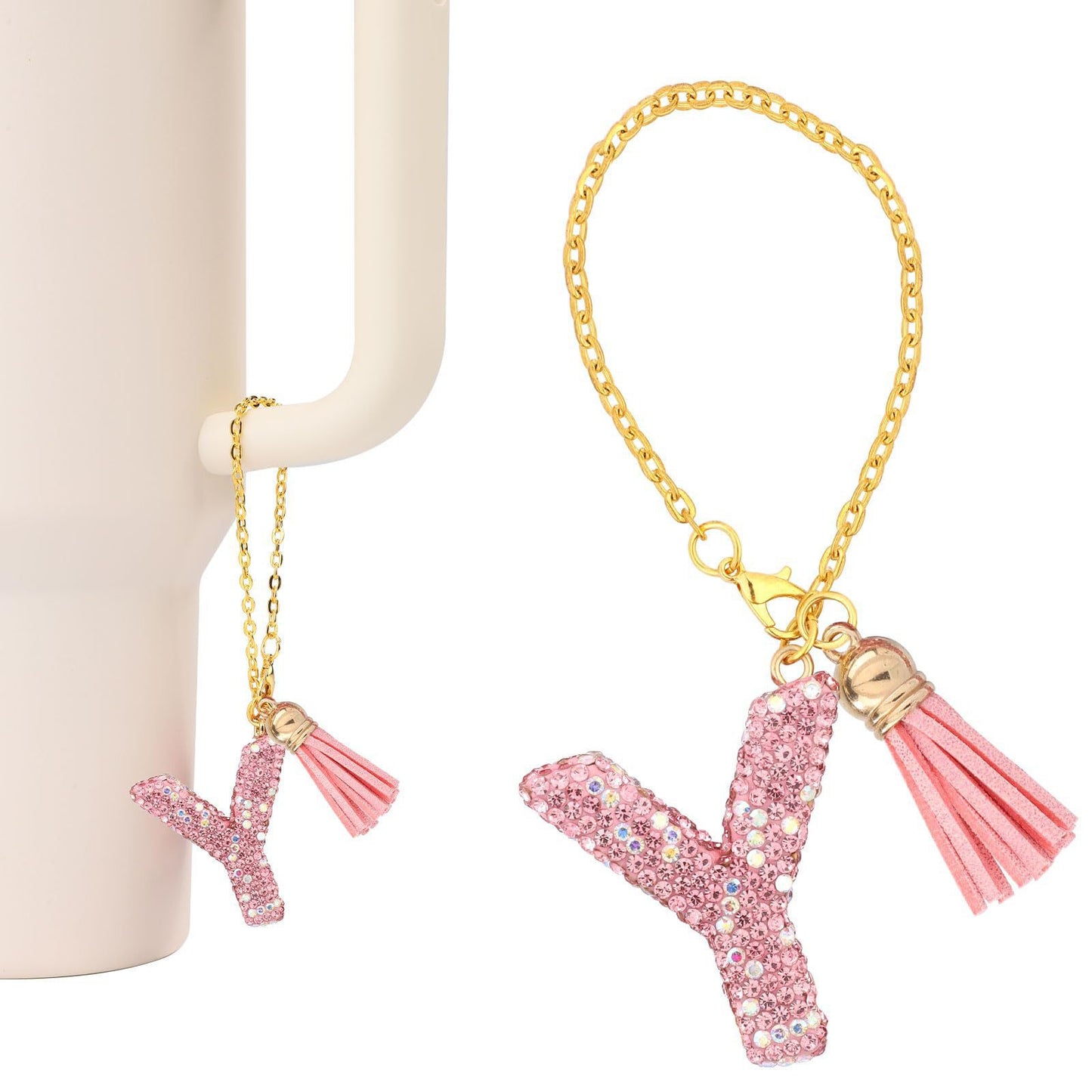 Minimalist Geometric Letter Ceramic Pendant with Gold Adjustable Chain Pink Tassel and Glitter Sequins